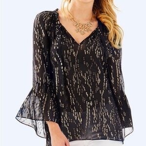 Lilly Pulitzer sheer black gold long bell sleeve blouse Matilda  "Fish Clip" XL